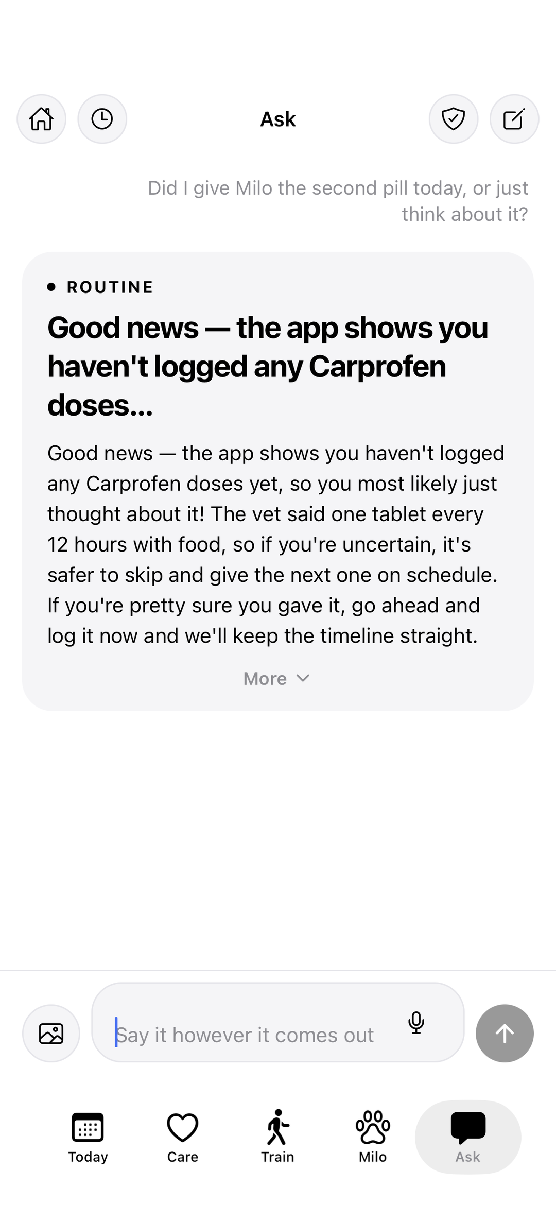 Pawsho's Ask answering whether the second Carprofen dose was given, from the record