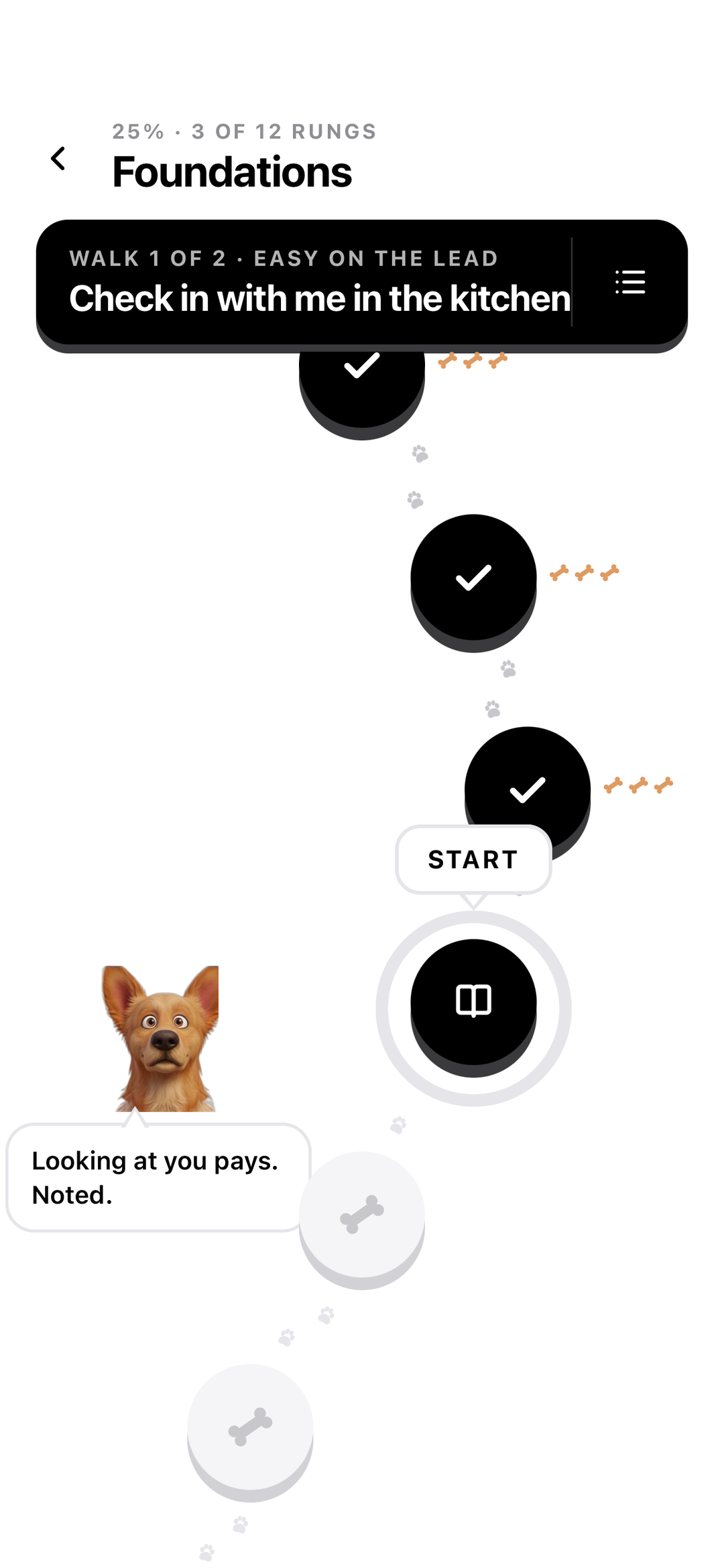 Pawsho breaks the Easy on the lead goal into small steps, beginning with checking in in the kitchen.