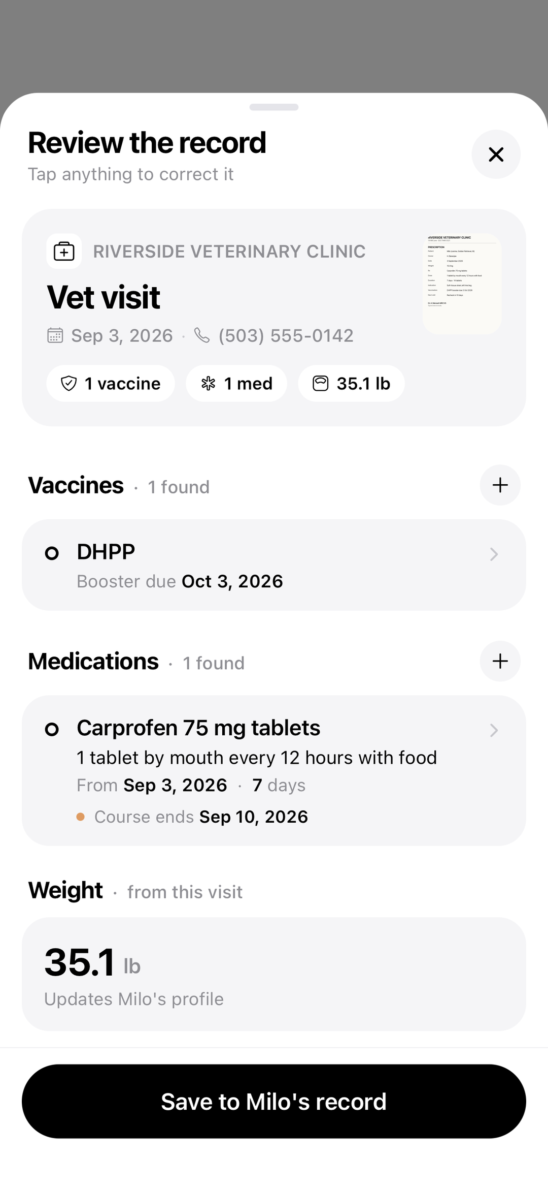 Pawsho reviewing a scanned prescription: one vaccine, one medication, the weight
